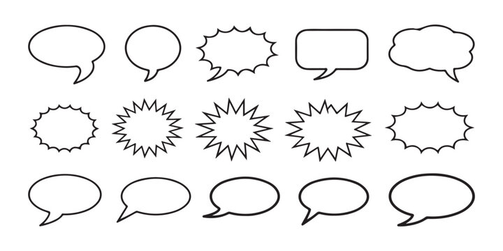 Set of black speech bubbles of different shapes isolated on transparent background for design comics and manga.
