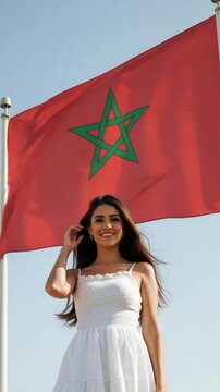 Young Moroccan woman smiling outdoors with national flag, representing patriotism, cultural pride, travel, tourism, and North African identity, portrait shot