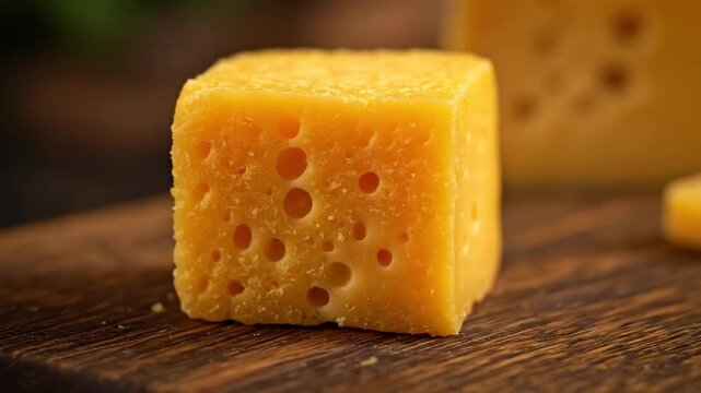 Macro shot of a single cube of yellow swiss cheese with holes on a rustic wooden board