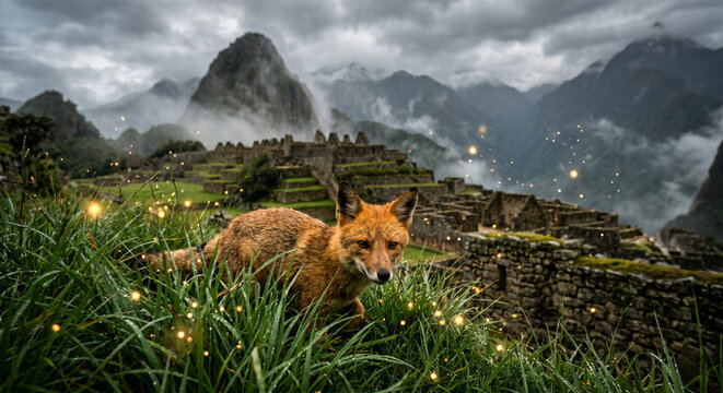 Enchanting Fox Amidst Ancient Inca Ruins Under a Misty Mountain Sky