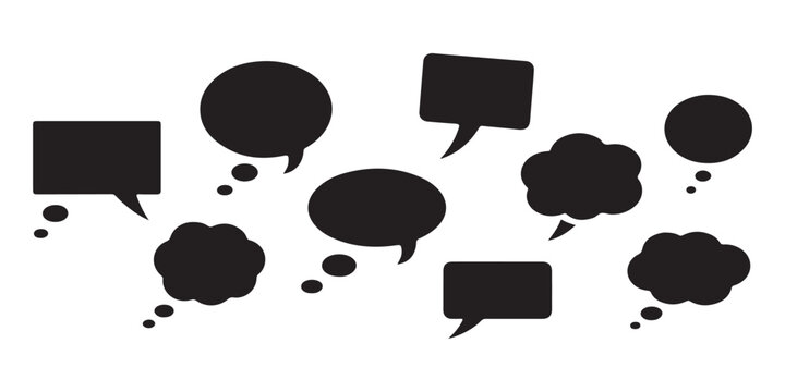 Solid black silhouette speech bubbles and thought clouds collection on grey transparent checkered background.