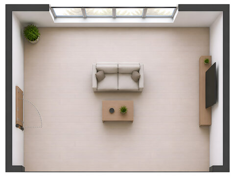 Modern living room with minimalist furniture and natural light from skylights