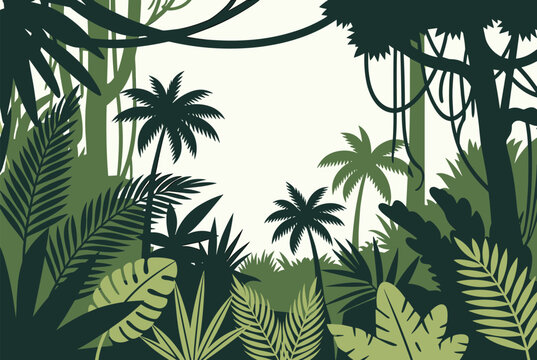 Tropical jungle forest background with palm trees and leaves