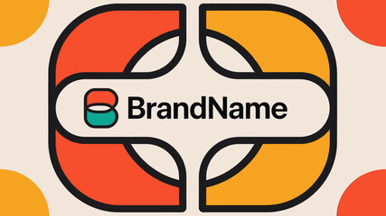 Modern BrandName logo design featuring a stylized 'B' icon within a symmetrical orange and red graphic element on a light beige background with abstract circles. © megulung