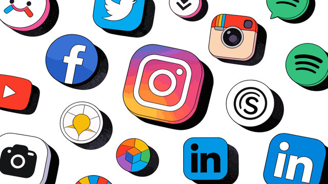 A vibrant collection of popular social media and application logos scattered on a white background, representing digital communication and online platforms.