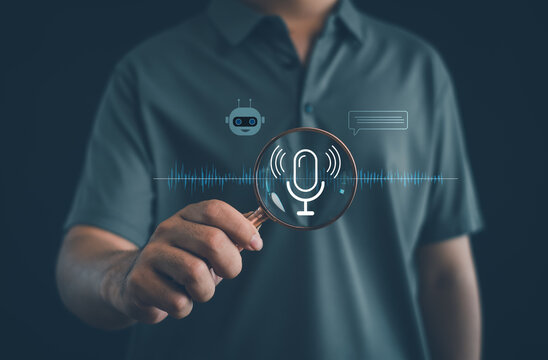 Voice assistant and AI chatbot concept with microphone interface, speech recognition technology, audio waveform, virtual communication and smart automation system.