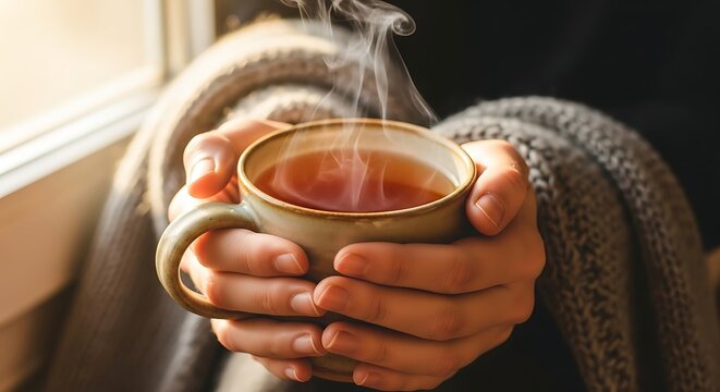 Cozy hands cradling steaming mug of warm beverage