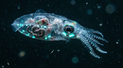 Fototapeta premium Deep Sea Squid with Bioluminescent Features in Dark Ocean Environment.