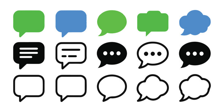 Set of modern speech bubbles or chat boxes in various shapes and colors on transparent background.