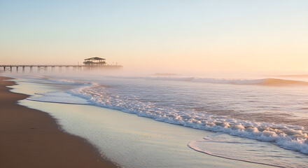Obraz premium Serene beach sunrise with a long pier and gentle ocean waves