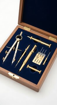 Golden drafting tools in wooden case, precise measuring instruments