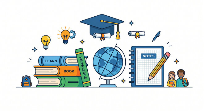 Education icons with books graduation cap globe and students representing learning and knowledge