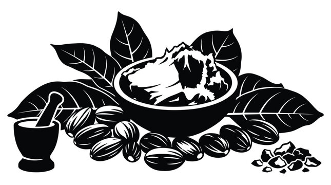 Natural shea butter composition with nuts leaves and mortar with pestle isolated on transparent background set.