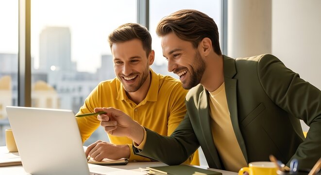 Two colleagues collaborating on a laptop, smiling and discussing a project in a modern office setting