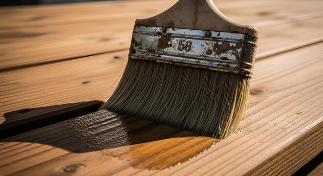 Brush applying protective wood stain to a new outdoor deck surface