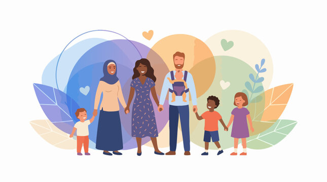 Diverse Family Togetherness: A vibrant illustration depicts a multicultural family holding hands, celebrating unity, love, and acceptance in a harmonious blend of colors and abstract elements.