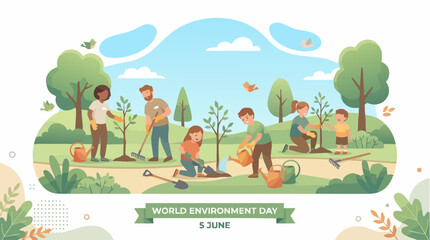 Naklejka premium Planting for the Future: A heartwarming scene depicting diverse people of all ages engaged in planting saplings, contributing to a greener planet on World Environment Day.