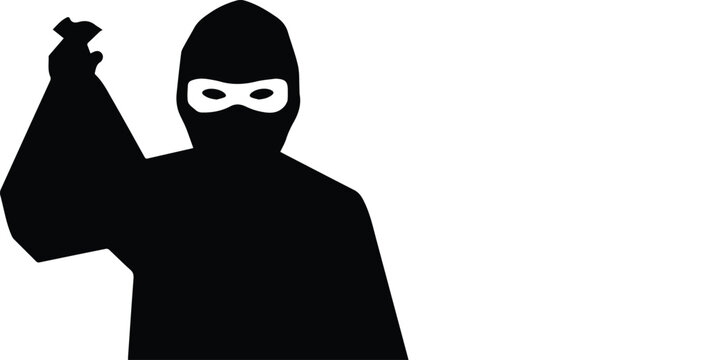 Black silhouette of a burglar wearing a mask and holding a bag