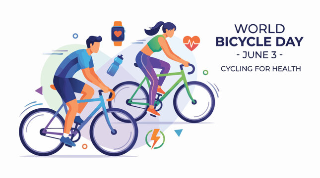 World Bicycle Day: Celebrate World Bicycle Day, June 3, with this vibrant illustration promoting cycling for health and well-being. Featuring a man and a woman cycling side-by-side.