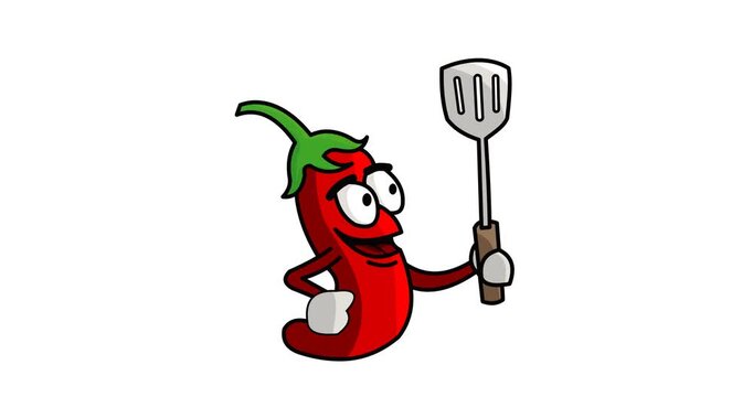 Animated cartoon video of a red chili character holding a cooking spoon or spatula