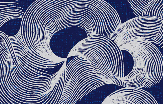 Hand drawn Japanese-inspired abstract looping band pattern with flowing engraved ribbon curves, blue and white topographic contour lines with textured. Modern tribal and ethnic background.
