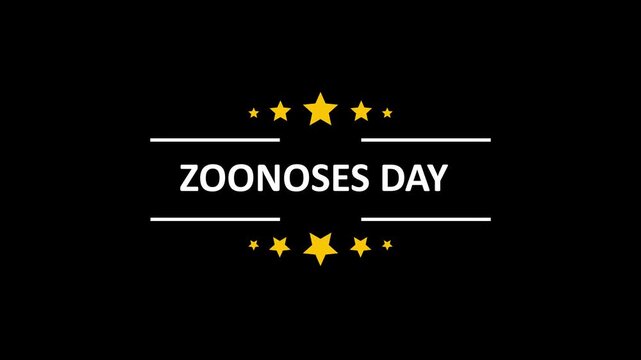 Fun animated typography: zoonoses day text with golden stars on black background