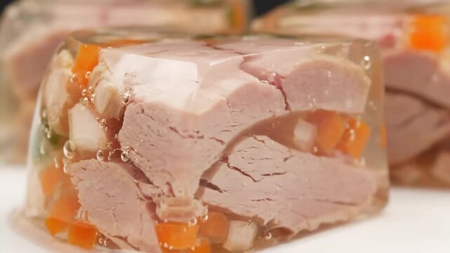 Close-up of traditional savory meat aspic with carrots and pork pieces