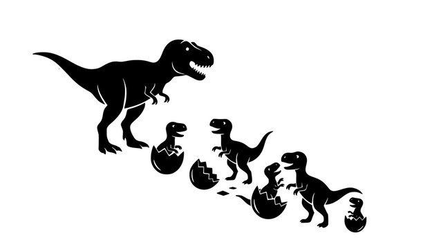 Stylized dinosaur silhouette vector illustration showing T rex family with scattered eggs and newborn hatchlings