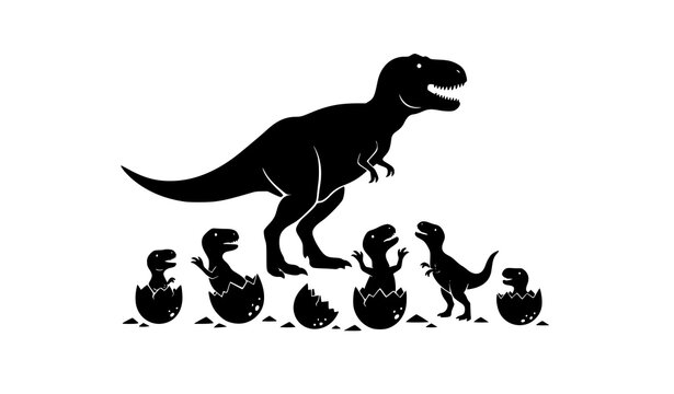Prehistoric dinosaur silhouette set with T rex adult and newborn hatchlings in egg shells vector design