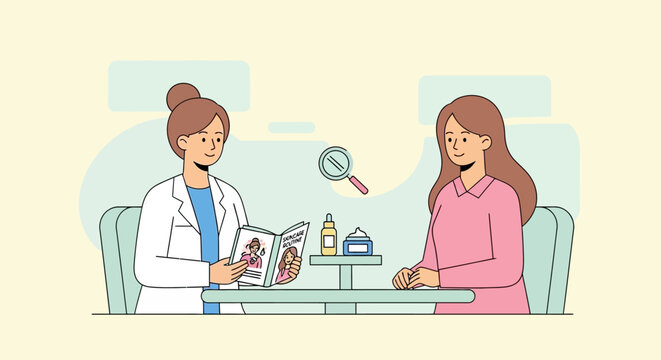 Dermatologist discussing skincare products with a patient in a consultation