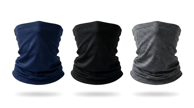Three neck gaiter mockups in navy blue black and grey on white