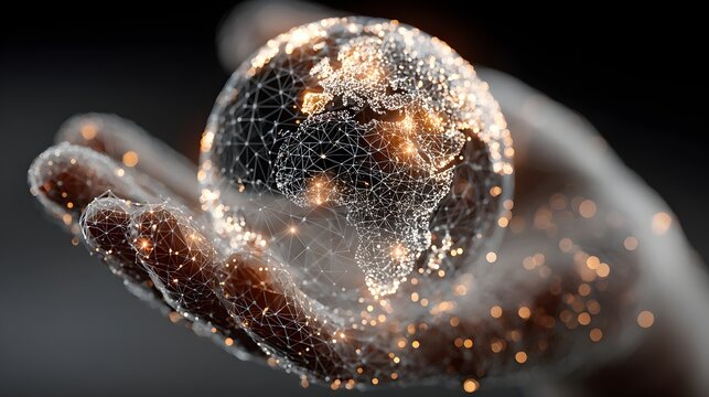 Glowing digital wireframe earth globe resting on a blurred human hand outline. Global communication network concept.