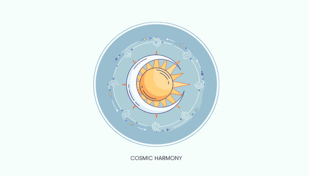 A circular graphic illustrating the cosmic harmony between the sun and moon, symbolizing balance and celestial cycles.