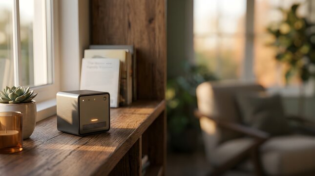 Modern smart home hub device sitting on a wooden shelf in a cozy living room