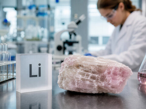Lithium Symbol Beside Spodumene Crystal In Laboratory