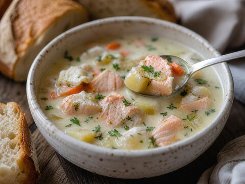 Creamy Seafood Chowder With Salmon And Fresh Herbs