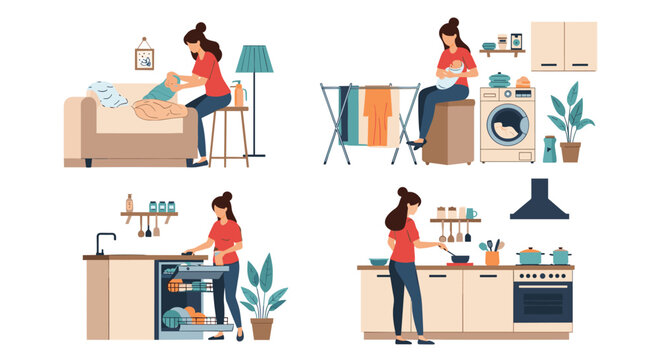 Infographic showing a busy woman multitasking with laundry, cooking, cleaning, and caring for a baby at home.