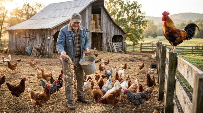 A farmer feeding chickens in a free-range barnyard, scattering handful of grain from a metal pail. Chickens flock around, pecking excitedly. A rooster crows from a fence post.