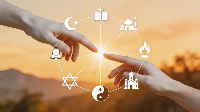 Two hands reaching towards a bright light surrounded by various religious symbols representing unity, faith, spirituality and interreligious harmony at sunset