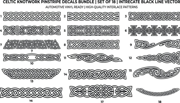 Celtic knotwork pinstripe decals bundle intricate black line vector automotive vinyl stickers set high quality interlace patterns for car design