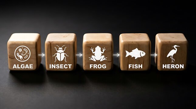Wooden blocks showing ecosystem food chain with icons of algae insect frog fish and heron on a dark background
