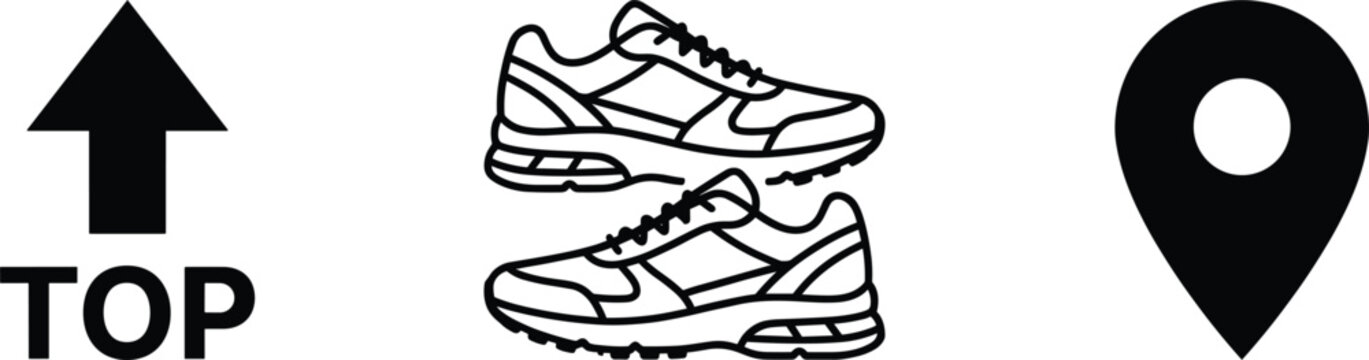 Navigation and sports line icon collection featuring location marker running shoes and top direction symbols illustration