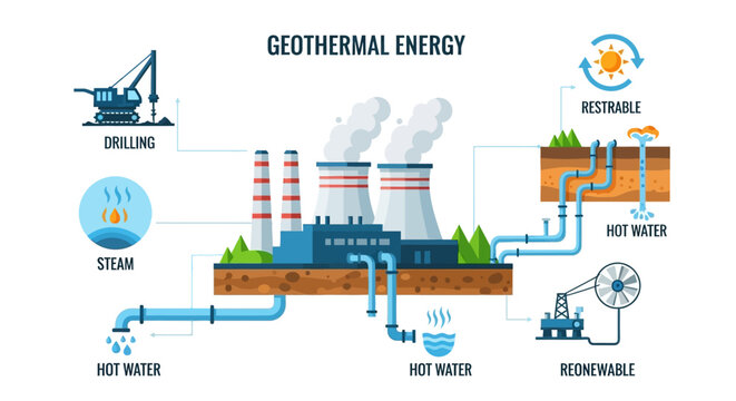 Comprehensive Geothermal Energy Generation Process Explainer Infographic with Drilling, Steam Extraction, Power Plant Operations, and Renewable Electricity Production Cycle