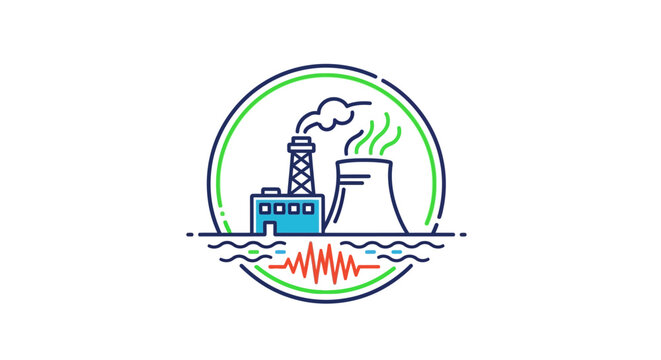 Industrial power plant with cooling tower and water waves icon
