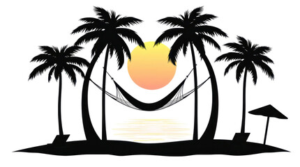 Obraz premium Tropical Sunset Island Scene with Palm Trees Hammock and Ocean Reflection