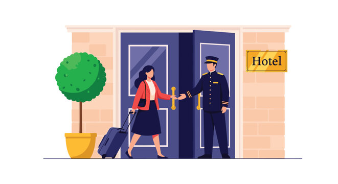 Professional hotel doorman in uniform opening doors for female traveler arriving with a suitcase at a luxury hotel.