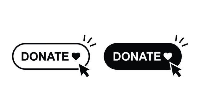 Donate button icon set with a heart symbol and clicking cursor for online charity fundraising.