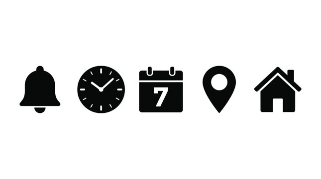 Universal web icon set with a notification bell, clock, calendar, location pin, and home button