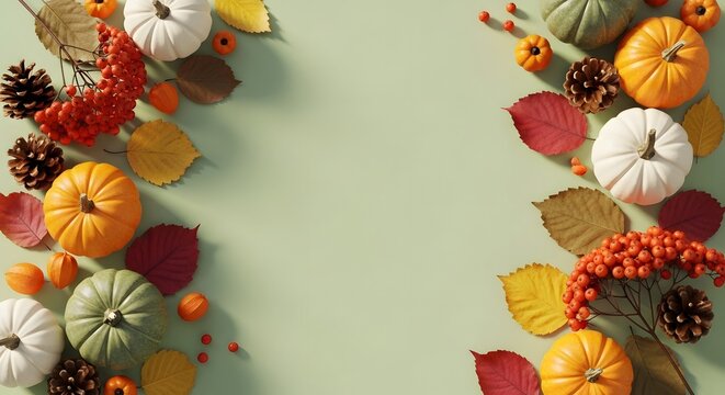 Colorful autumn Halloween pumpkins and gourds arranged on pastel green background with pinecones and leaves