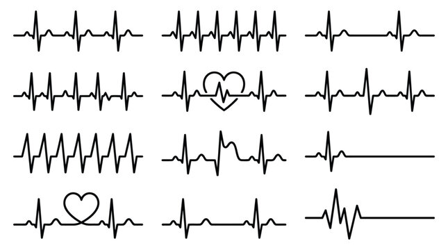 Heartbeat pulse line wave icon collection for medical ECG monitors and cardio vitality graphics.